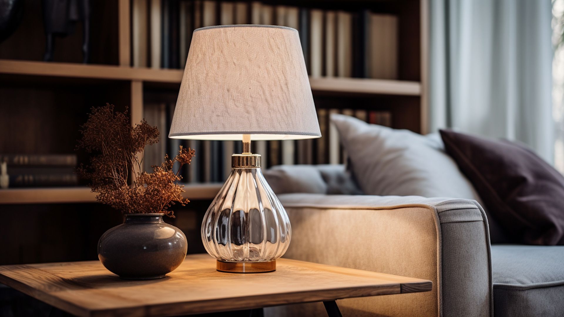 a lamp on a table showing a living room light 